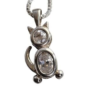 Whimsical Cat Pendant Necklace with Sterling Silver and Crystal Gems